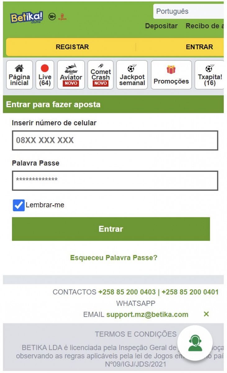  Inserir dados de acesso para Betika Moçambique