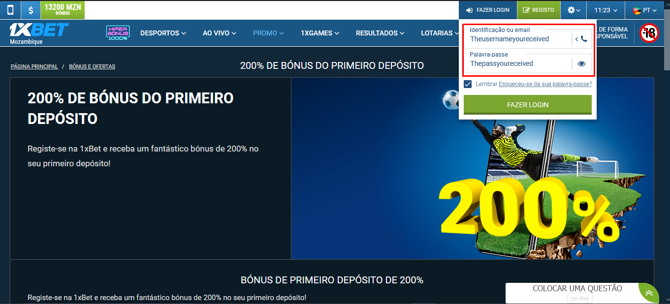 1xBet Passo 2: Inserir os dados