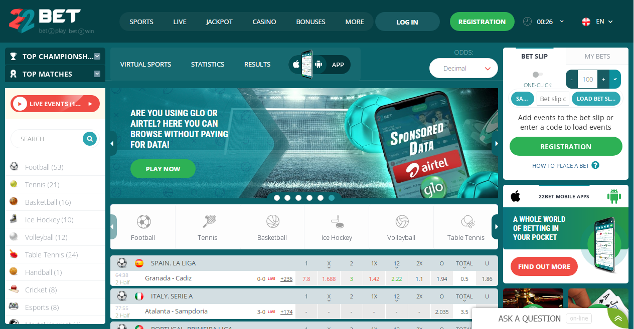22Bet homepage image An image of the 22Bet homepage