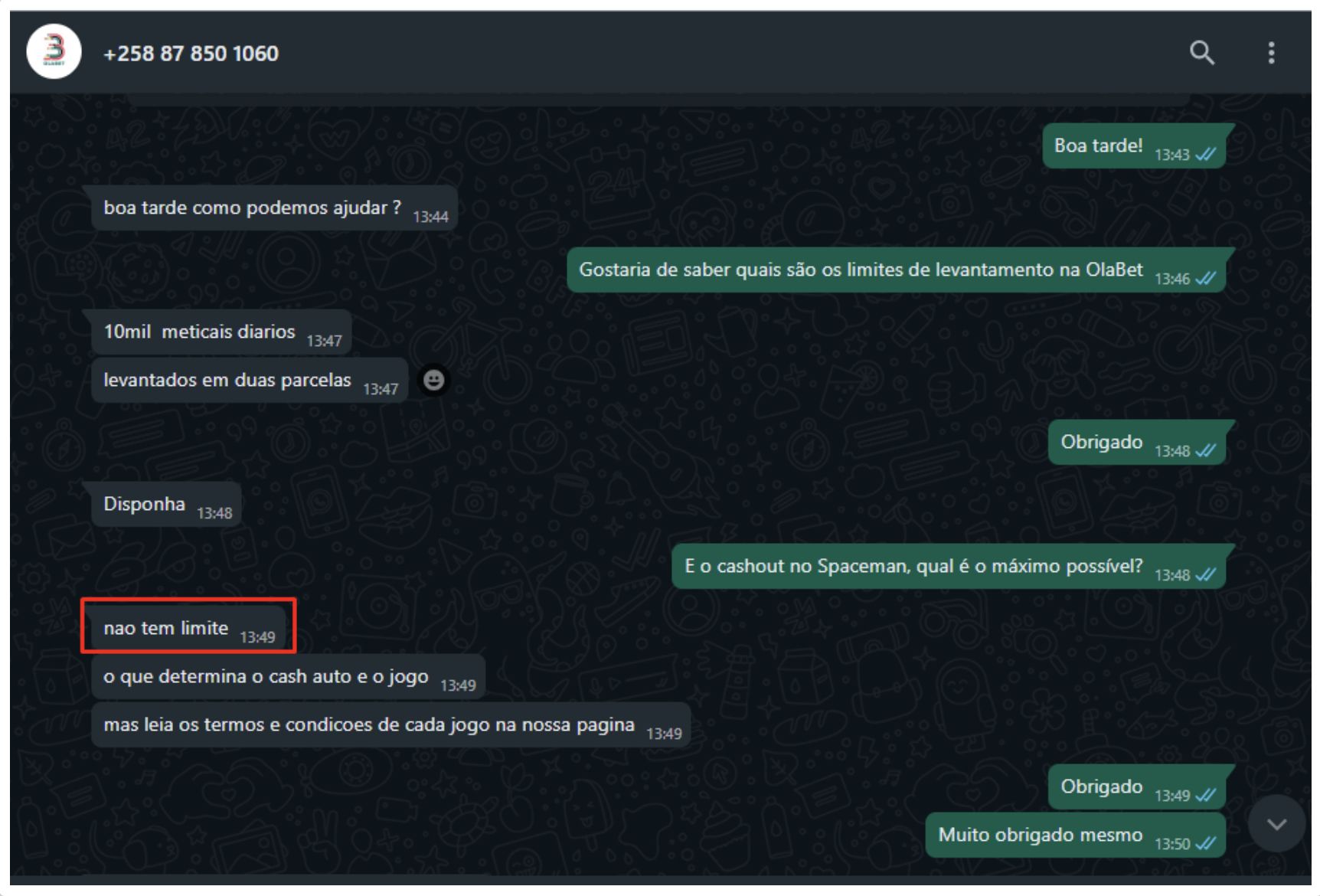 Conversa no WhatsApp com a equipa técnica da Olabet WhatsApp Web