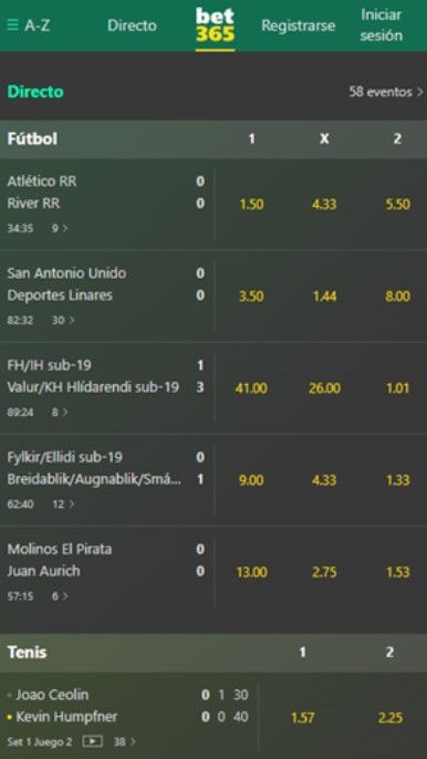 Se muestra la sección de apuestas, apuestas en directo y ligas deportivas