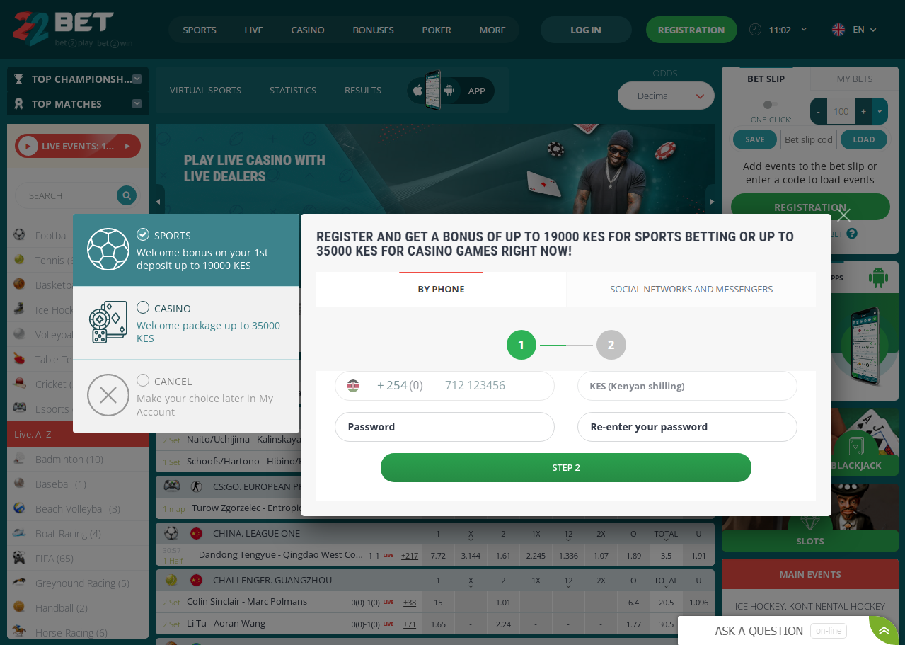 22bet registration Image showing the sign-up form at 22bet Kenya.