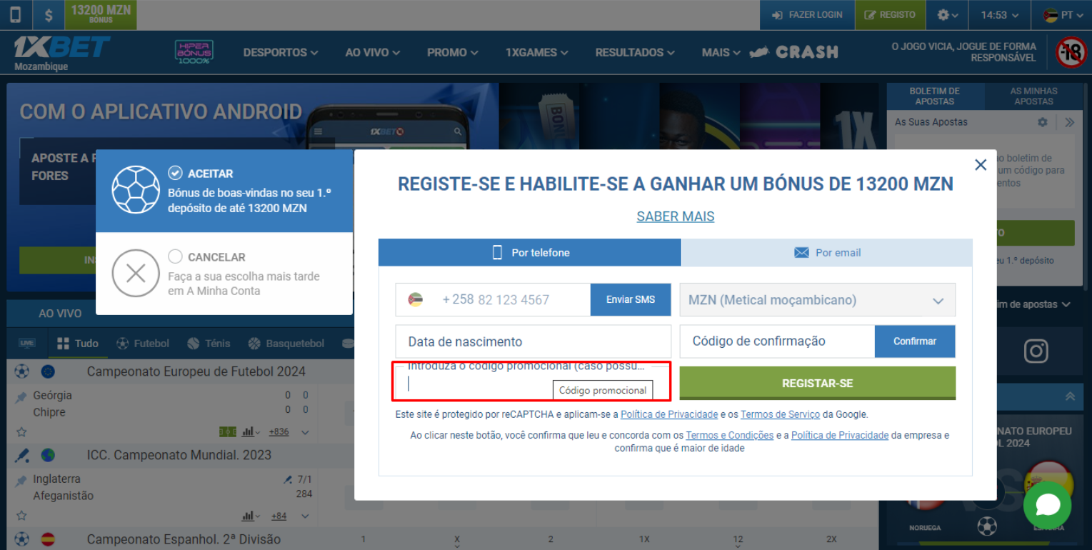 Bónus de boas-vindas por registar na 1xBet Moçambique com código promocional Código promocional 1xBet Moçambique