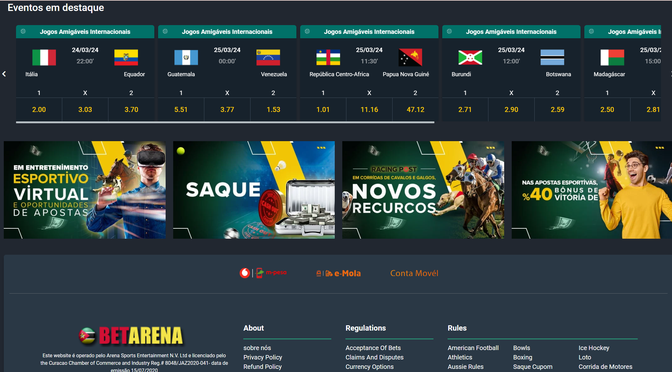 Eventos em destaque Versão web da BetArena