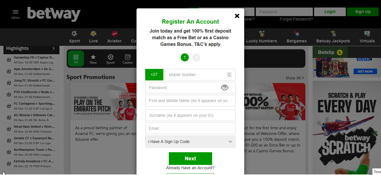 Image of Betway Sign Up Page