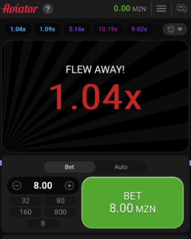 Aposta perdida no jogo Aviator da 1xBet Moçambique